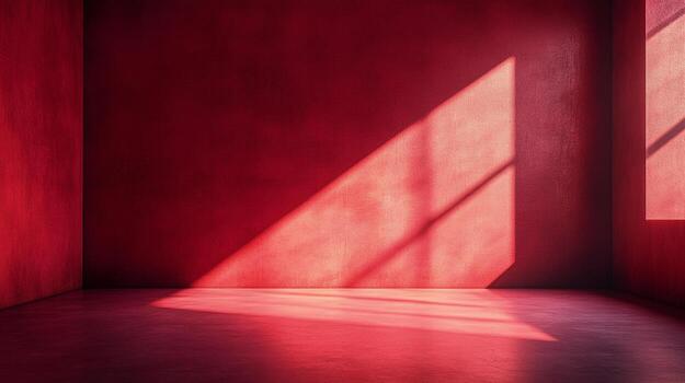 A red room bathed in sunlight streaming through windows, creating geometric patterns of light and shadow on the walls and floor. photo
