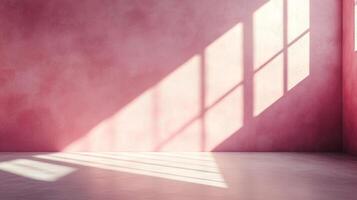 A pink room is lit by natural light streaming through a window, casting shadows and highlighting the textured wall. Warm and minimalist. photo