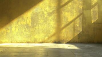 Golden room interior with shadows casting a geometric pattern. Warm light illuminating a textured wall and tiled floor. Abstract and serene. photo