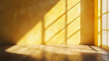 A serene interior with sunlight streaming through window, casting shadows on yellow walls and hardwood floor, creating a warm and inviting space. photo