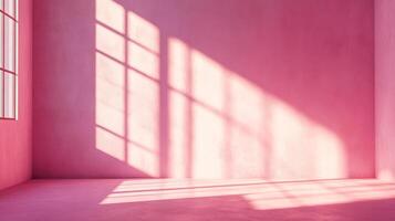 A pink room is bathed in light, shadows casting geometric patterns on the walls and floor, creating a minimalist and modern aesthetic. photo