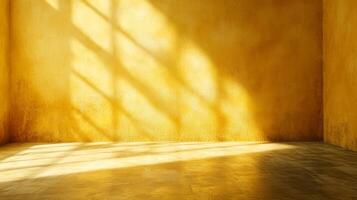 Golden room with light streaming through window casting patterns on the floor and textured walls, illuminating space with warm tones. photo
