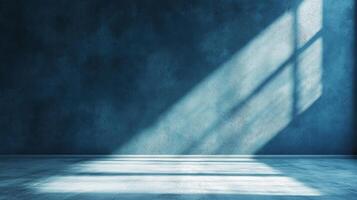 Abstract rendering of an empty blue room with textured walls and a concrete floor, illuminated by sunlight streaming from a window. photo