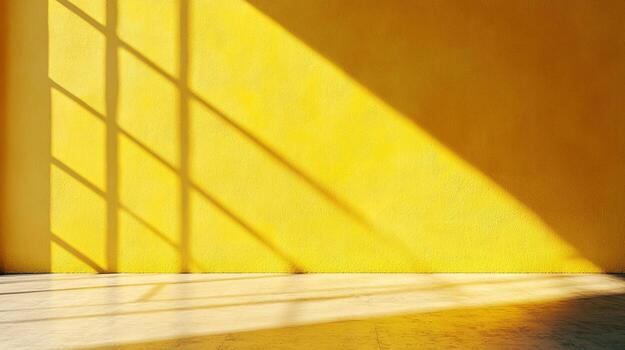 Sunlight streams through a window onto a yellow wall, creating geometric shadows and highlighting the wall's texture and simple design. photo
