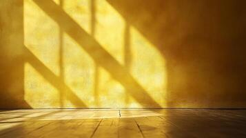 Sunlight streams in creating shadow patterns on a wall. Wooden floorboards add texture and warmth to the scene. Interior shot. photo
