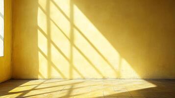 Sunlight streams into an empty room, casting shadows on a golden wall. A simple and serene scene of light and color in architecture. photo