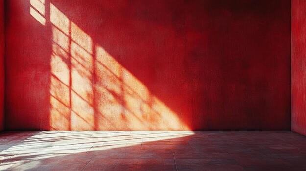 Sunlight streams through a window, casting geometric patterns across a textured red wall and floor, creating a warm and inviting atmosphere. photo