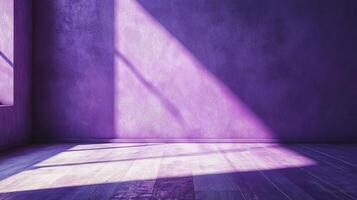 A serene purple room bathed in sunlight creates a calm atmosphere, with light streaming through the window illuminating the textured walls. photo