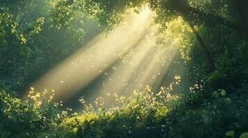 Sunlight filtering through a lush green forest, illuminating wildflowers and creating a serene and magical atmosphere. photo