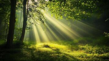 Sunbeams pierce the forest canopy, casting ethereal rays on the verdant undergrowth. A serene and enchanting woodland scene. photo