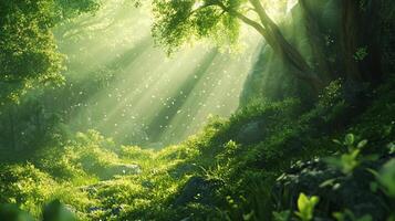Sunlight filters through a lush forest canopy, illuminating a vibrant green landscape with dappled light and creating a serene atmosphere. photo