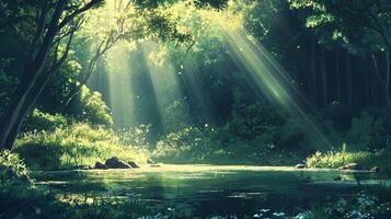 Sunlight streams through a serene forest, illuminating a tranquil pond surrounded by lush greenery. A peaceful nature scene. photo