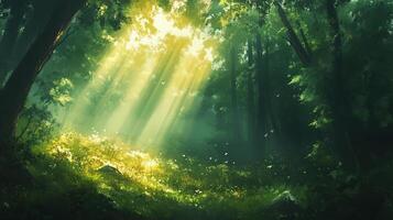 Sunlight filters through the forest canopy, illuminating a lush meadow filled with wildflowers and casting shadows among the tall trees. photo