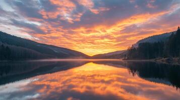 Lake sunrise with fiery clouds reflecting on the water. Mountains and trees line the shore on either side of the calm lake. photo