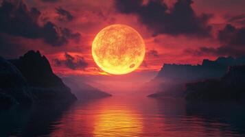 Dramatic sky with a large orange celestial orb over water and silhouetted mountains. A peaceful yet powerful view. photo
