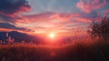 Sunset hues paint the sky, casting a warm glow over the mountains and field of grass. A serene and beautiful nature scene unfolds. photo