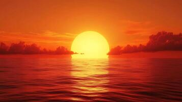 A mesmerizing sunset over the water, with orange hues reflecting on the calm water. The sky is illuminated with a radiant, warm glow. photo