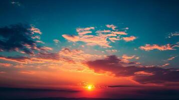 A vibrant sunset paints the sky with fiery hues, as the sun dips below the horizon, casting a warm and captivating glow. photo