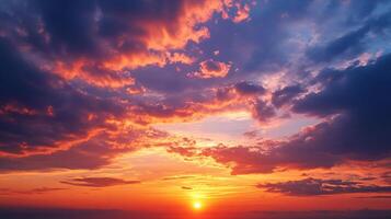 Vivid sunset with fiery clouds streaking across the sky, creating a breathtaking view. Nature's artwork on display. photo
