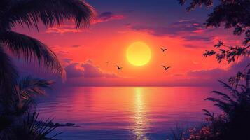 Tropical sunset over calm ocean, with silhouetted birds and palms, vibrant orange and pink sky create serene, dreamy beach scenery. photo