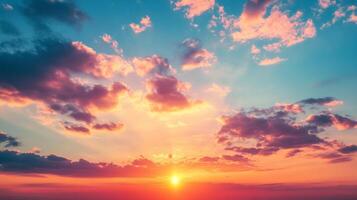 Majestic sunset painting the sky with vibrant hues, a serene and breathtaking panorama of nature's artistry in full display. photo