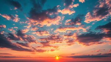 Brilliant sunrise paints the sky with vibrant hues, casting a warm glow over the horizon, as clouds drift gently across the vast expanse. photo