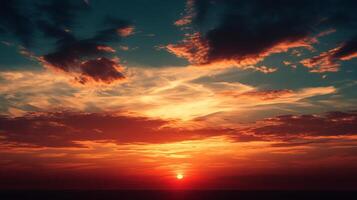 Striking sunset with vibrant orange hues painting the sky as the sun dips below the horizon, casting a warm glow over the landscape. photo