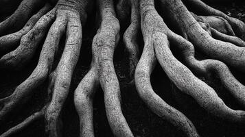 Intertwined tree roots reach out across the dark earth, their textured surfaces create a network of natural patterns and organic shapes. photo