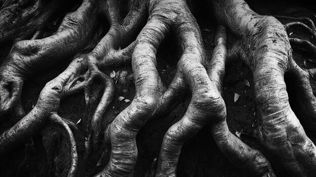Intertwined tree roots form a fascinating natural pattern. Roots twist and merge, creating a mesmerizing visual texture. photo