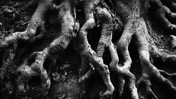 Monochrome shot showcasing intertwining tree roots, their intricate patterns and textures forming a captivating natural design. photo