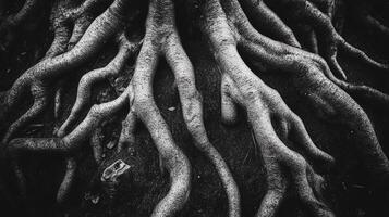 Monochrome photo of roots, thick and twisting, reaching down. An abstract view of strength and connection in a natural setting.