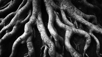 Monochrome view showcasing the powerful and intricate root system of a mature tree, capturing its strength and natural artistry. photo