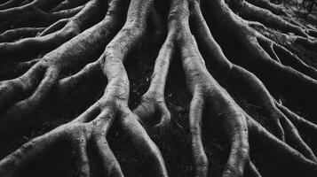 Monochrome shot of tree roots sprawling across the ground, creating a natural maze-like pattern against the dark soil. photo