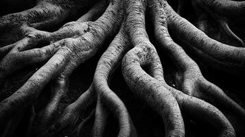 Striking black and white image showcasing the intertwined, textured roots of an old tree, capturing nature's raw beauty and resilience. photo