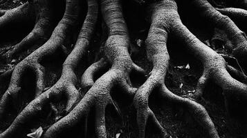 Monochrome view of tree roots. The textured roots create an intricate network across the earthy ground. High contrast highlights each root. photo