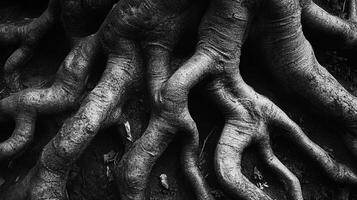 A network of roots, twisting and turning, emerges from the earth in a monochrome display of nature's powerful foundation. photo