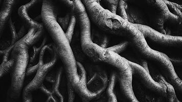 Monochrome abstraction showcasing intertwining tree roots. The texture is emphasized by the contrast of light and shadow. photo
