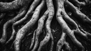 Monochrome close-up of intertwined tree roots, showing texture and depth. An abstract, organic pattern in black and white tones. photo