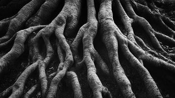 Monochrome depiction of intertwining tree roots above ground, showcasing nature's strength and patterns in a detailed composition. photo