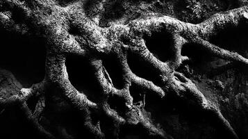 Monochrome close-up showcasing the rugged textures and interconnected forms of tree roots, captured with dramatic lighting. photo