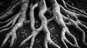 Monochrome close-up showcasing the intricate root system of a mature tree, highlighting their textured surfaces and organic symmetry. photo