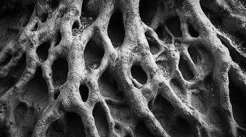 Monochrome shot of old tree roots intertwined, creating abstract hollow shapes, perfect for nature backgrounds and textural studies. photo