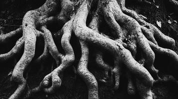 Exposed tree roots create intricate patterns across the ground, showcasing nature's strength and underground network, textured and detailed. photo