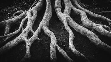 Striking black and white image displaying a network of intertwining tree roots sprawling across the earth, showcasing nature's raw beauty. photo