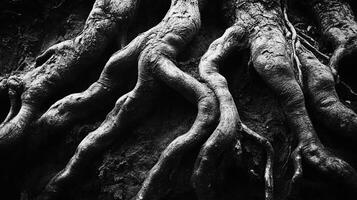 Monochromatic tree roots with textured bark, conveying depth and age in a natural setting. Powerful nature in black and white. photo