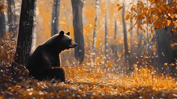 A bear sits in a forest with orange leaves scattered around, creating a warm and autumnal scene, blending nature's beauty. photo