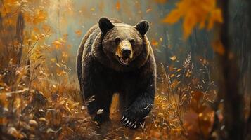 Grizzly bear strolling through the forest. Autumn leaves fall all around it as the sun lights up a forest scene, nature at its best. photo