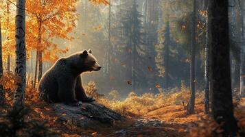 Solitary bear rests on a rock in golden forest. Sunlight filters through colorful autumn leaves, creating a serene woodland scene. photo