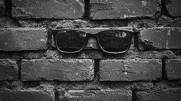 Sunglasses rest on a brick wall, creating a stark contrast of textures and shapes in a monochromatic composition. Style meets the street. photo