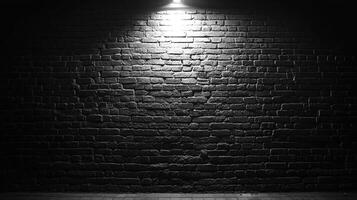 Monochrome brick wall illuminated by a single light, creating stark contrasts and dramatic shadows, showcasing texture and depth. photo